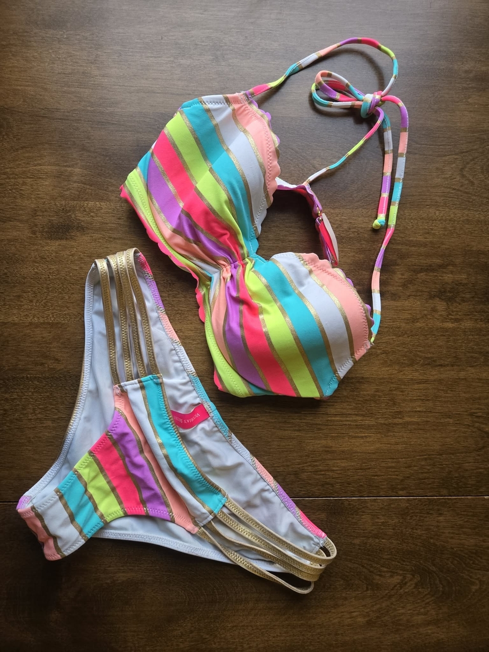 Victoria’s Secret Neon Rainbow Stripe Bikini Set 32C XS Metallic Gold Swim